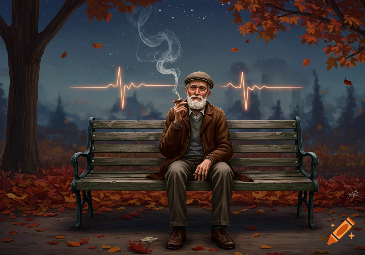 An old man with a white beard sits on a park bench smoking a cigar as autumn leaves fall, with a glowing heart rate line above him in an illustration.