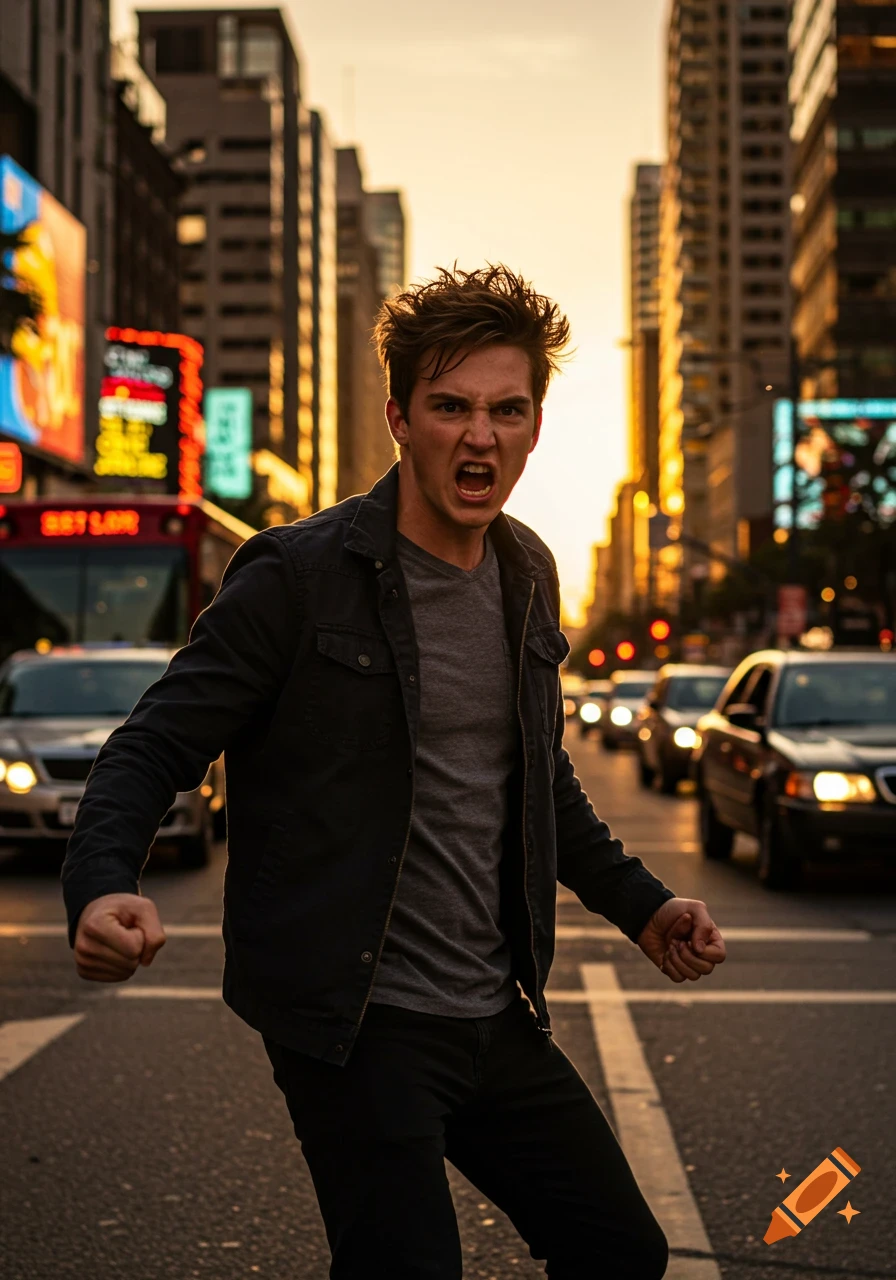An angry young man shouts in a busy city street, holding up traffic at sunset. Photorealistic style.