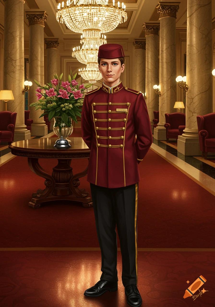 Young bellboy in a red uniform stands in a grand hotel lobby with chandeliers and columns.