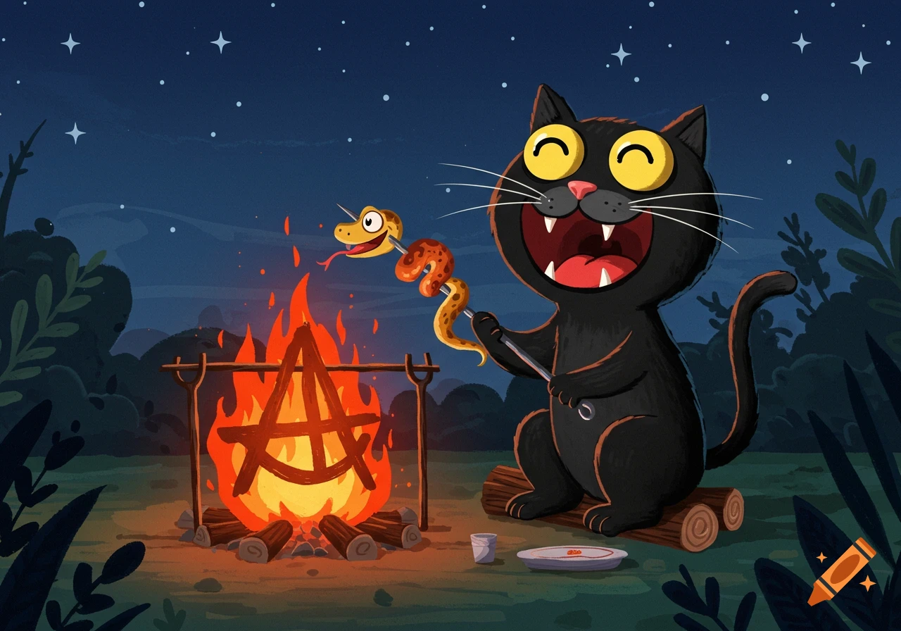 A cartoon black cat laughs while cooking a snake over a campfire shaped like the anarchy symbol at night.