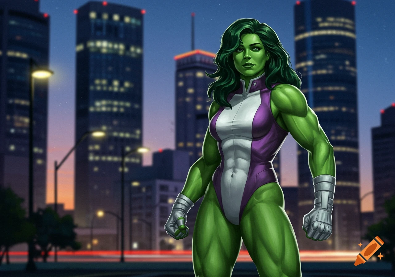 A comic book style illustration of She-Hulk, a muscular green-skinned woman, in a purple and white suit, standing in a city at dusk.