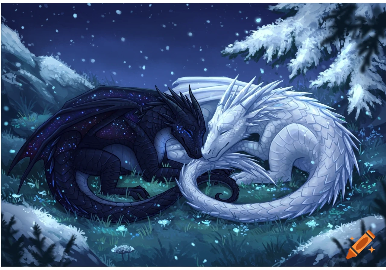 A black dragon with star-like patterns and a white dragon cuddle in a snowy forest at night.