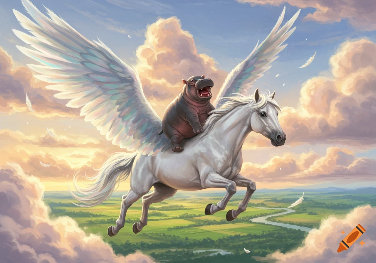 A baby hippo with an open mouth rides a white winged horse through a sky filled with fluffy clouds over a green landscape.