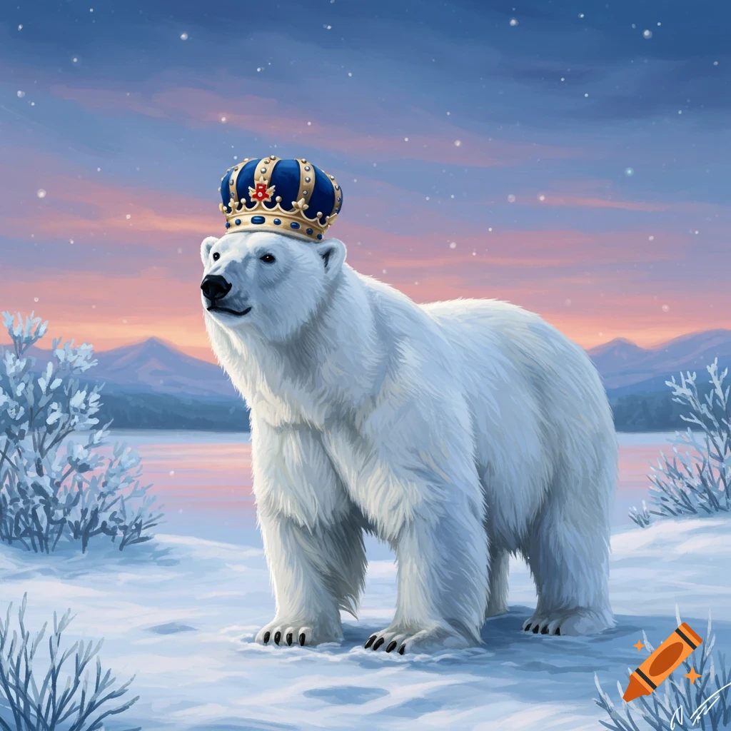 A majestic polar bear wearing a blue and gold crown stands in a snowy winter landscape at dusk.