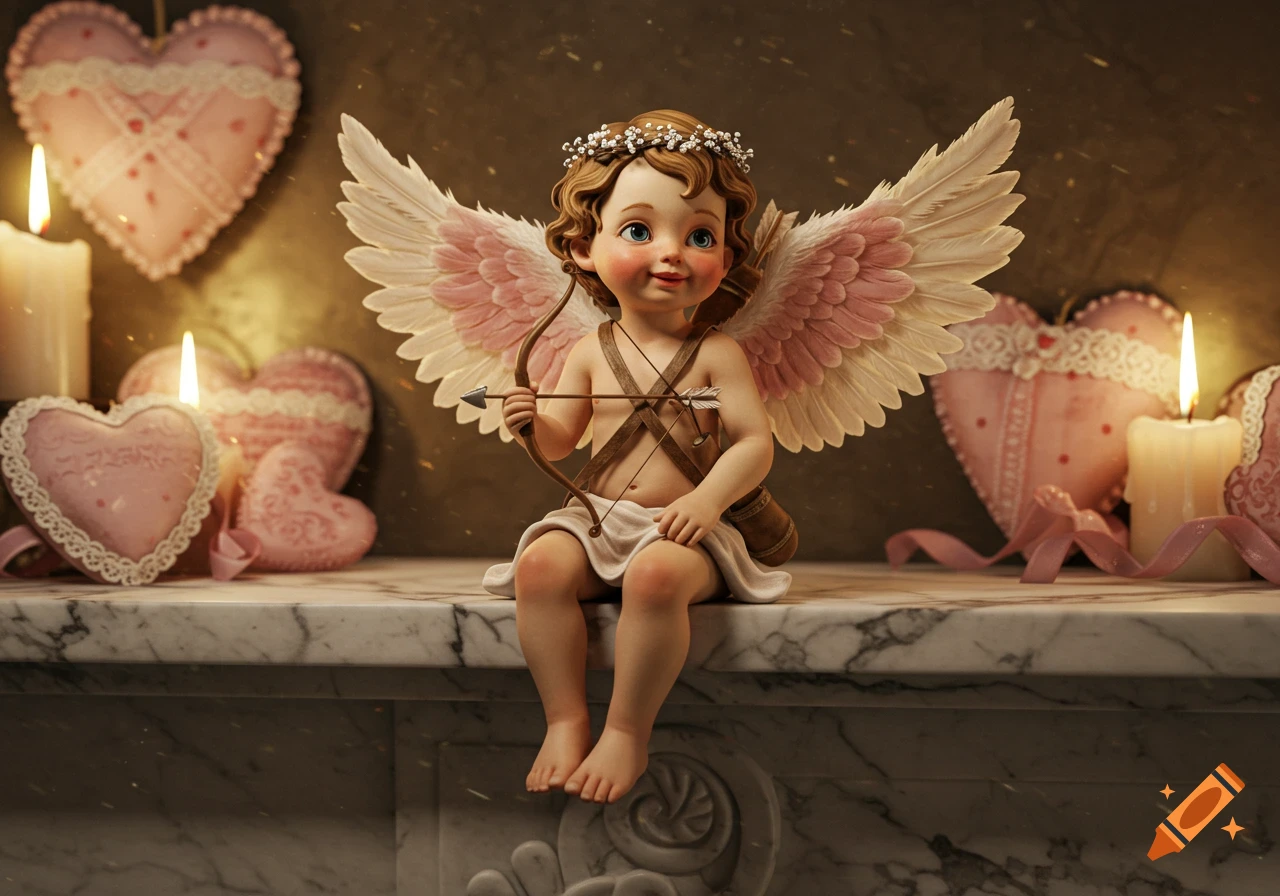 A detailed figurine of Cupid with wings, holding a bow and arrow, sitting on a marble surface surrounded by pink hearts and lit candles.