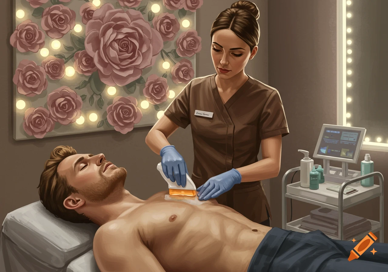 A woman in a brown uniform with blue gloves applies wax to a man's chest in a beauty salon with a floral LED light wall.