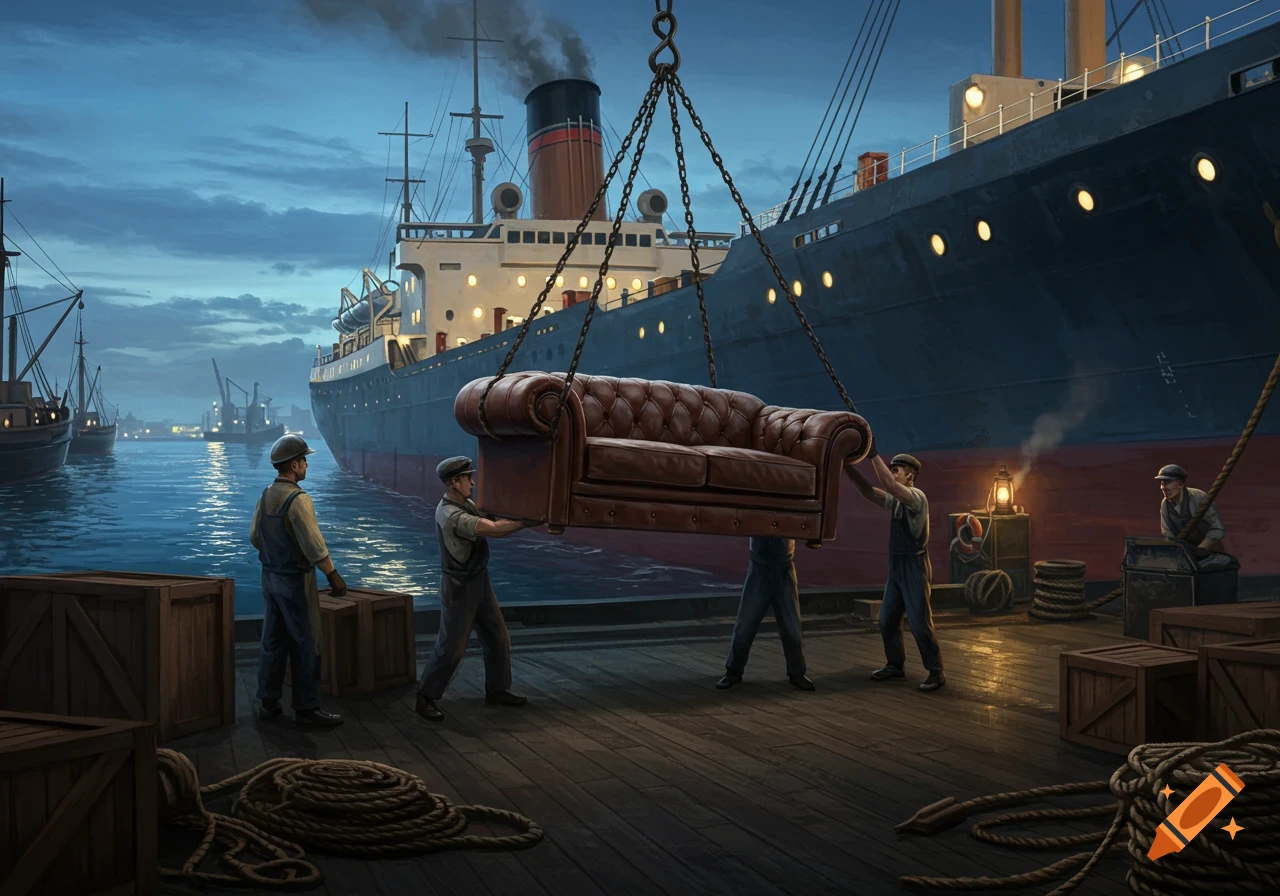 Illustrated scene of workers loading a brown sofa onto a large cargo ship at a busy dock at dusk.