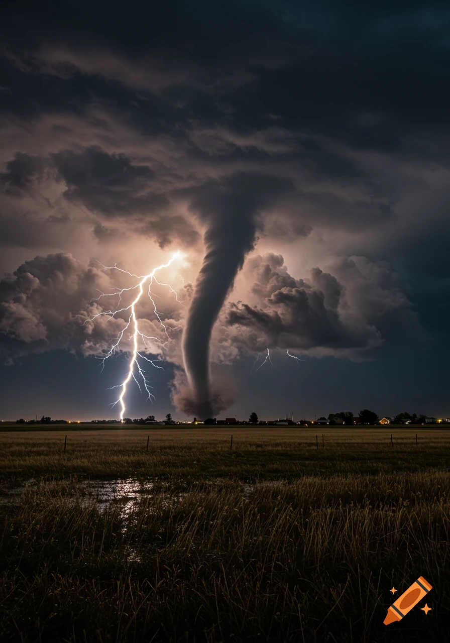 A massive tornado twists down from dark, stormy clouds as a bright lightning bolt strikes a wide field under an ominous sky.