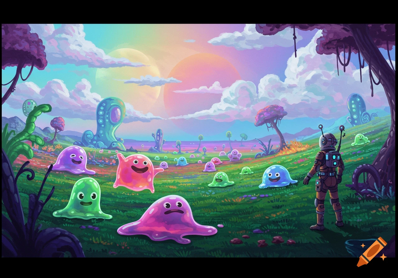 An astronaut stands on a vibrant alien world populated by numerous colorful, happy slime creatures under a sky with two large planets.