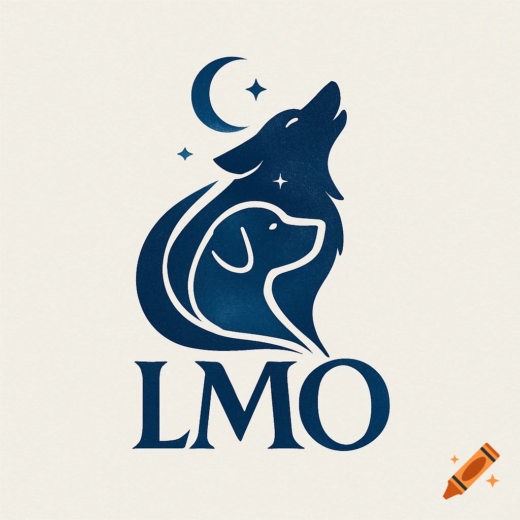 A stylized blue logo featuring a howling wolf with a dog's head nestled within, under a crescent moon and stars, with the letters LMO below.