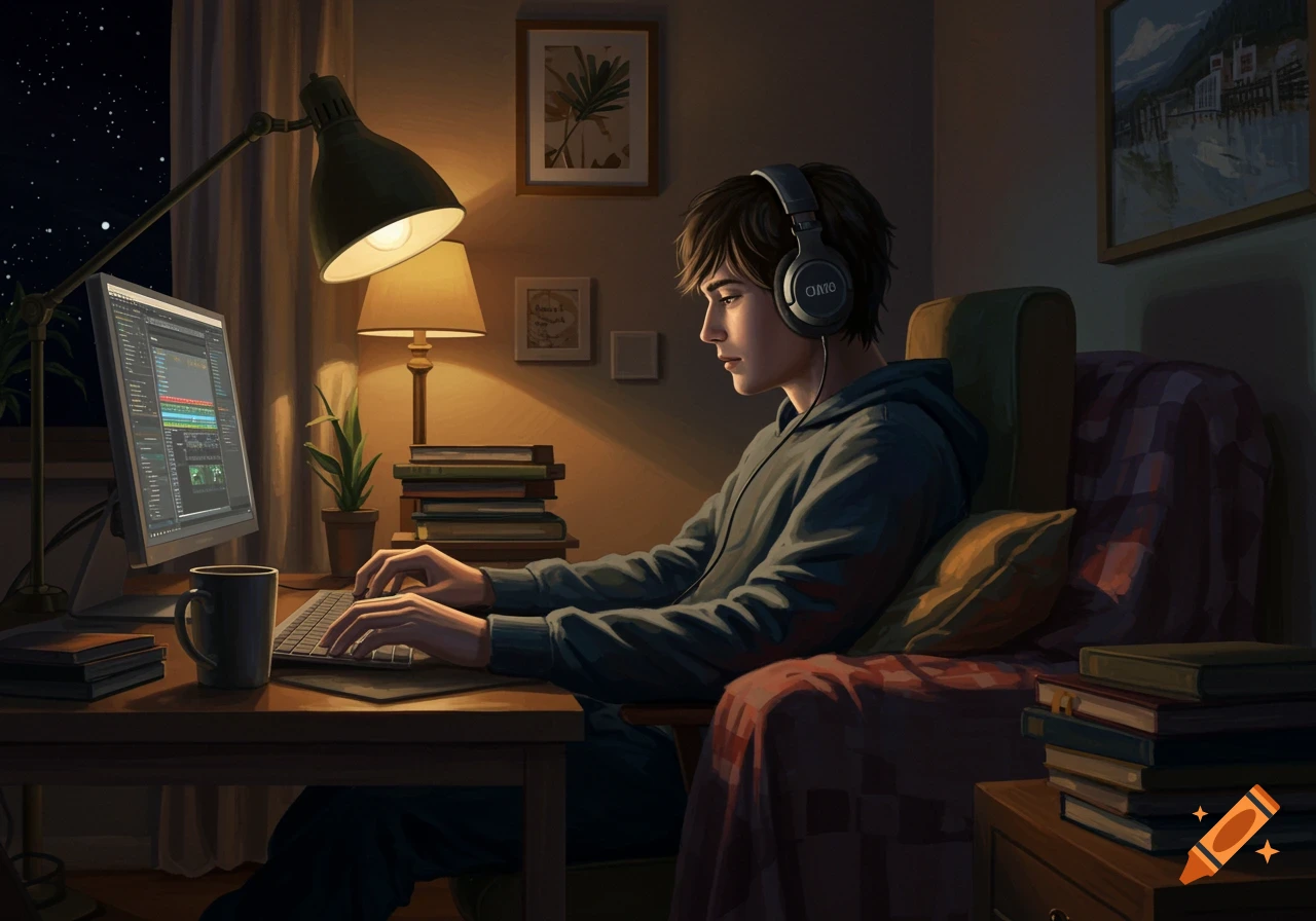 A young man with headphones sits at a desk, typing on a computer keyboard in a dimly lit, cozy room at night. A desk lamp illuminates the scene.