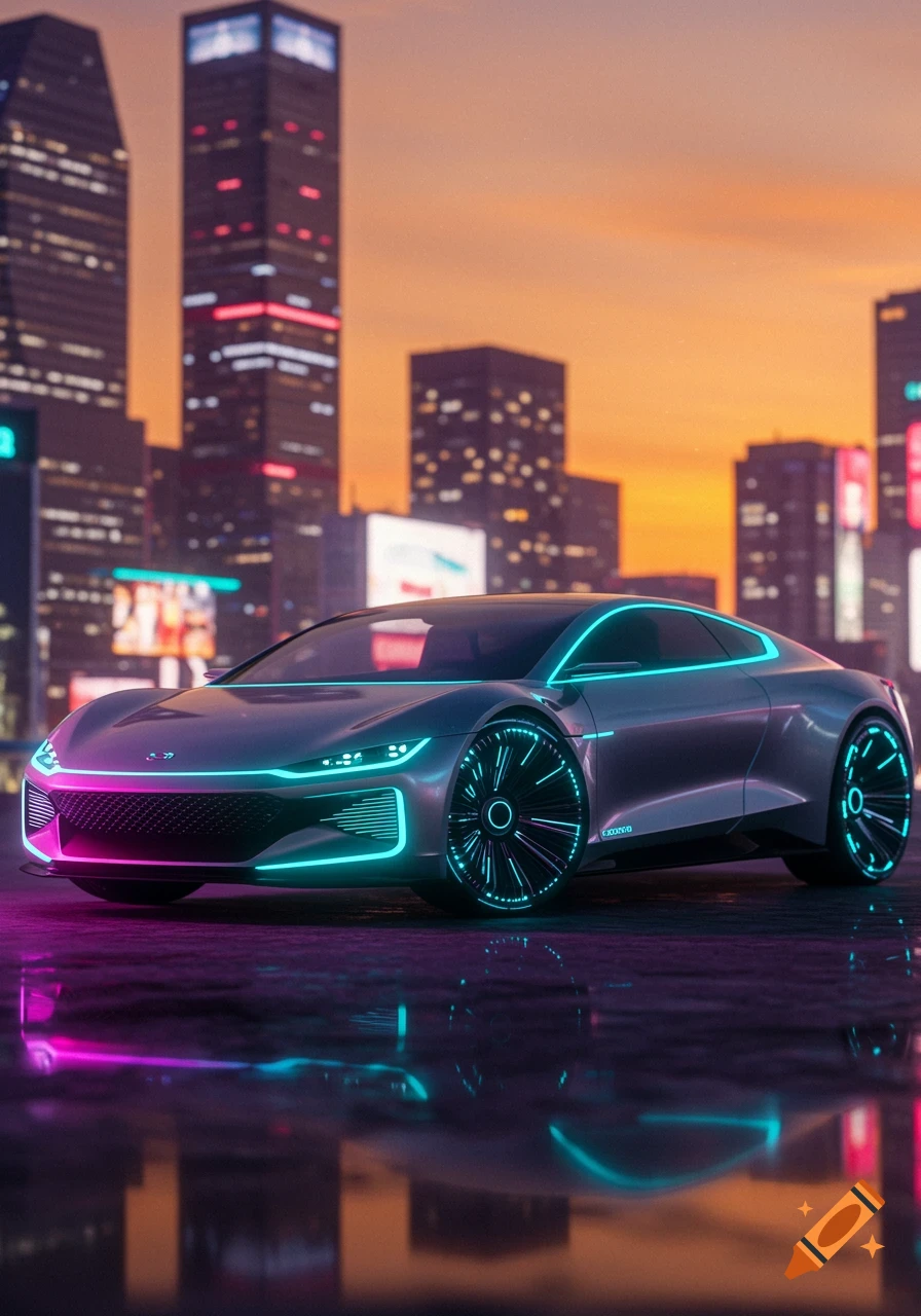 A futuristic concept car with neon pink and blue lights parked on a wet surface, reflecting city lights at sunset.