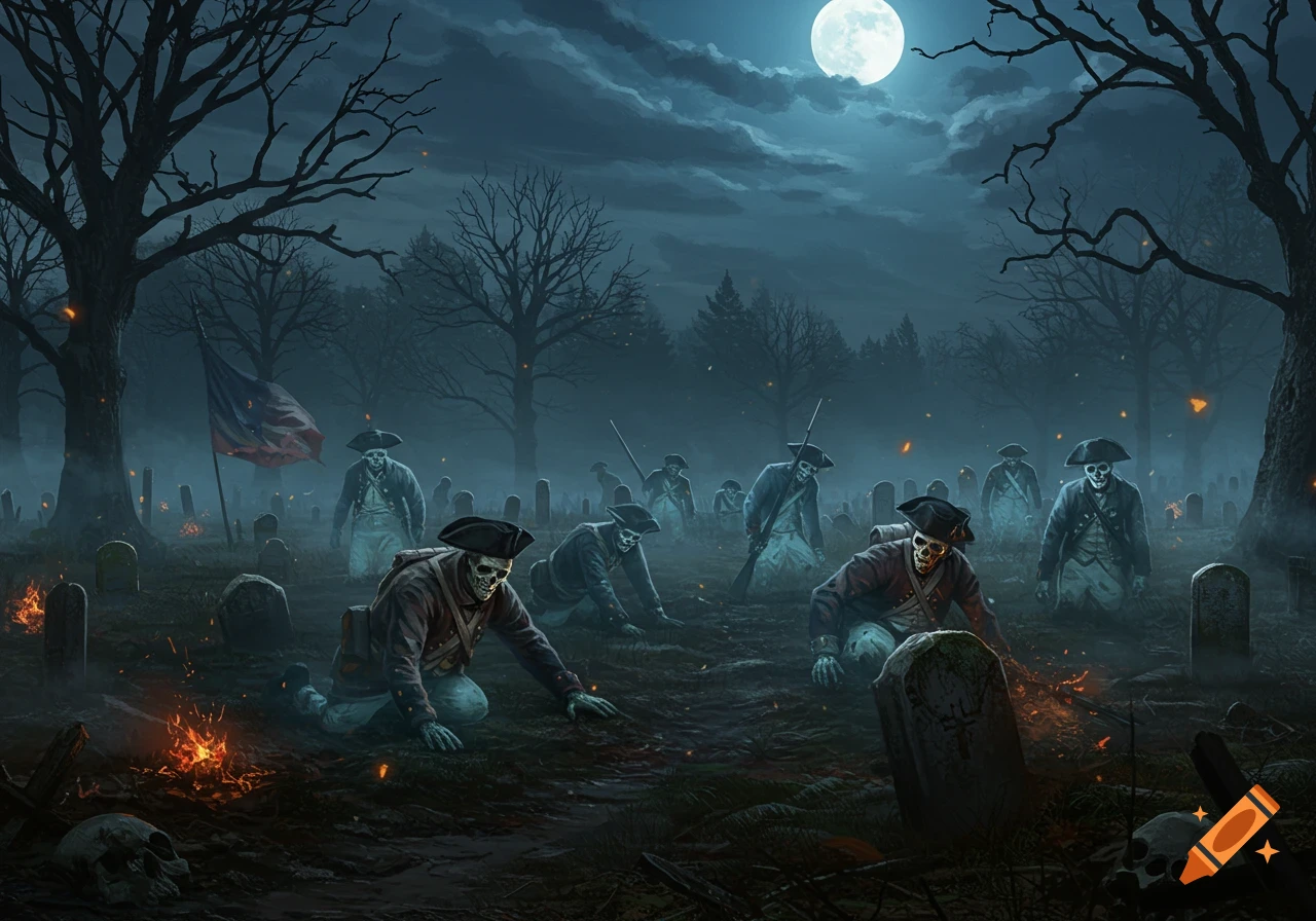 Undead American Revolutionary soldiers crawl from graves in a foggy, moonlit graveyard with bare trees and an old flag.