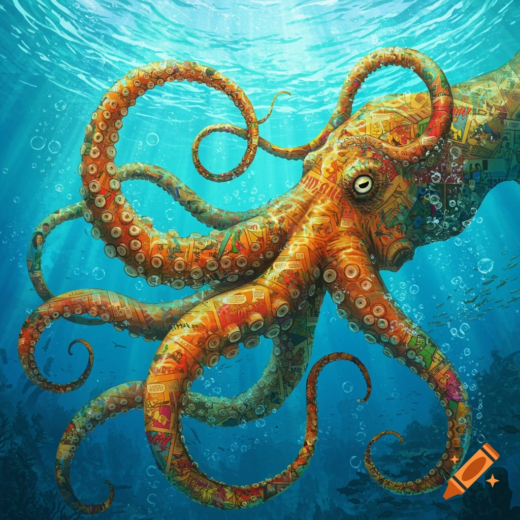 An orange Kraken with skin made of comic book panels swims in a vibrant blue ocean.