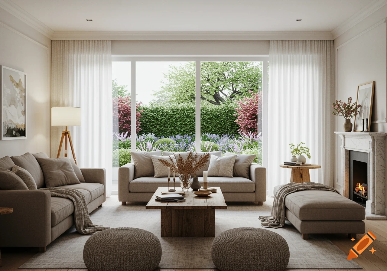 A photorealistic living room with beige sofas, a wooden coffee table, and large windows looking out to a lush green garden with flowers and trees.