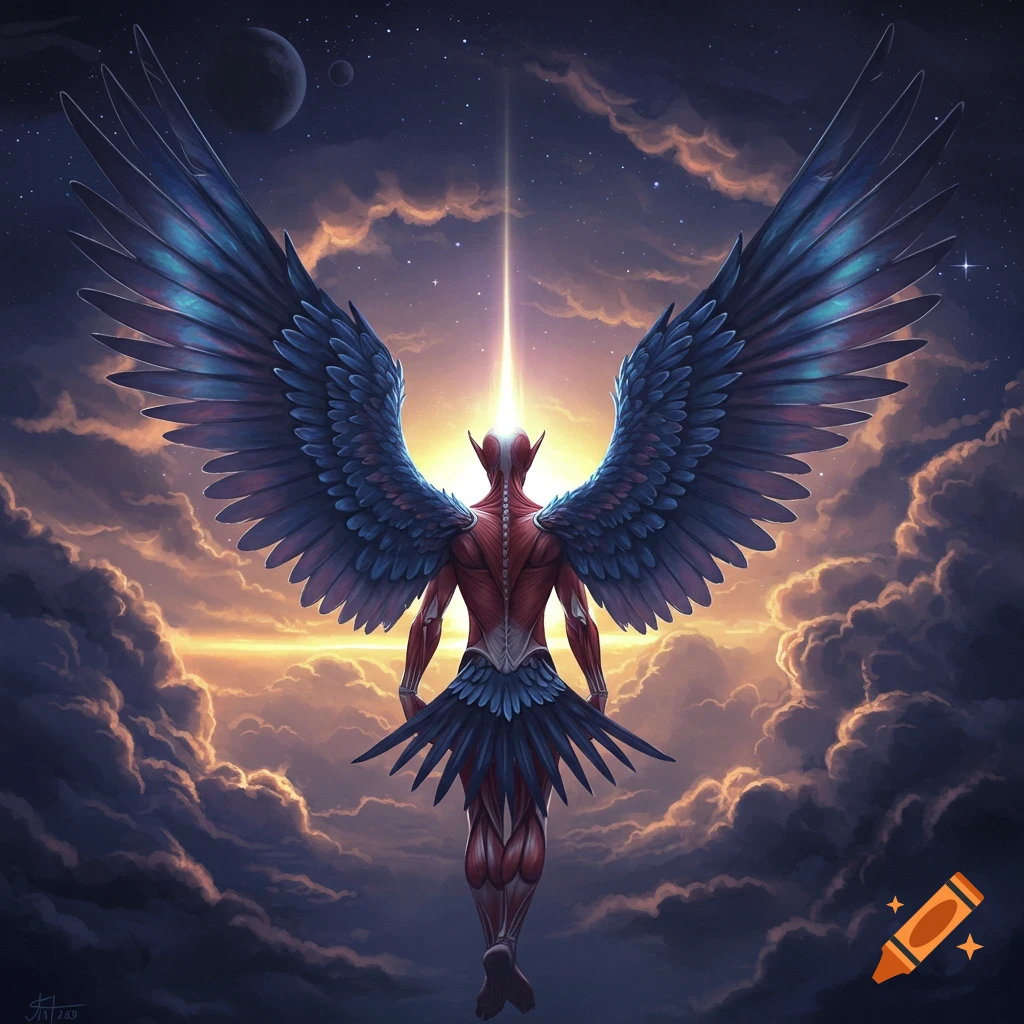 A muscular humanoid figure with large, iridescent blue wings ascends towards a bright light in a cosmic sky with clouds.