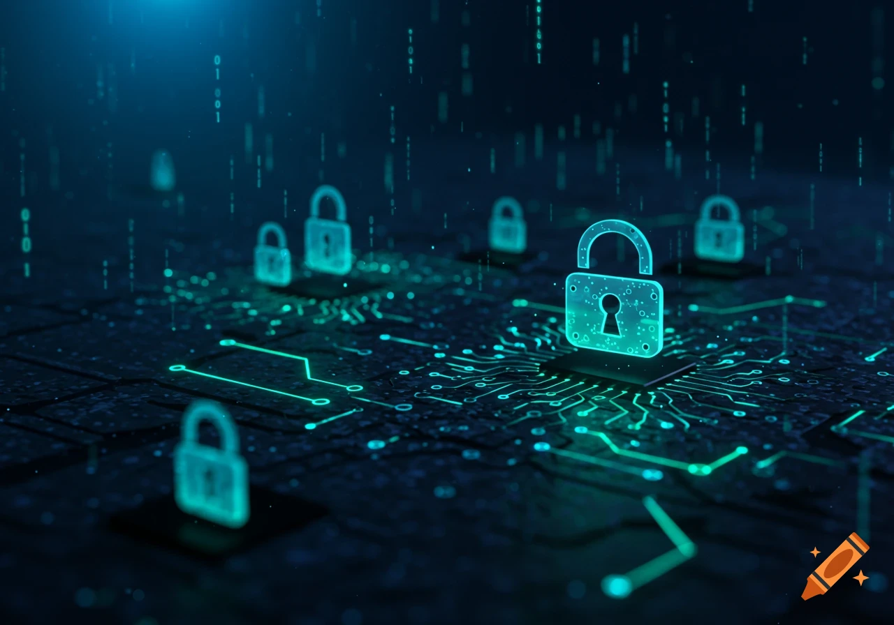 Digital padlocks glowing on a circuit board with falling binary code, representing cybersecurity.