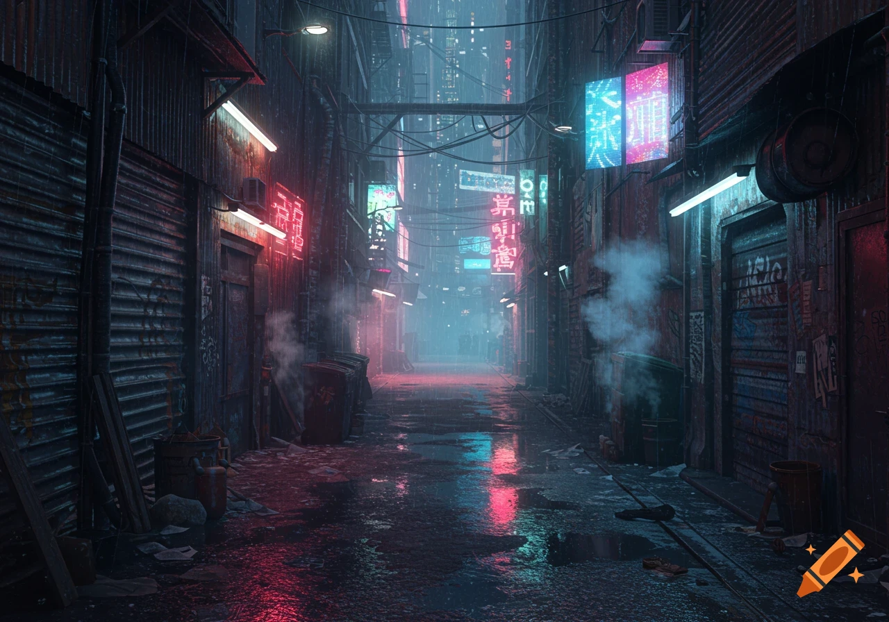 A moody, wet, futuristic alleyway at night, illuminated by vibrant neon signs and reflecting lights on the puddles.