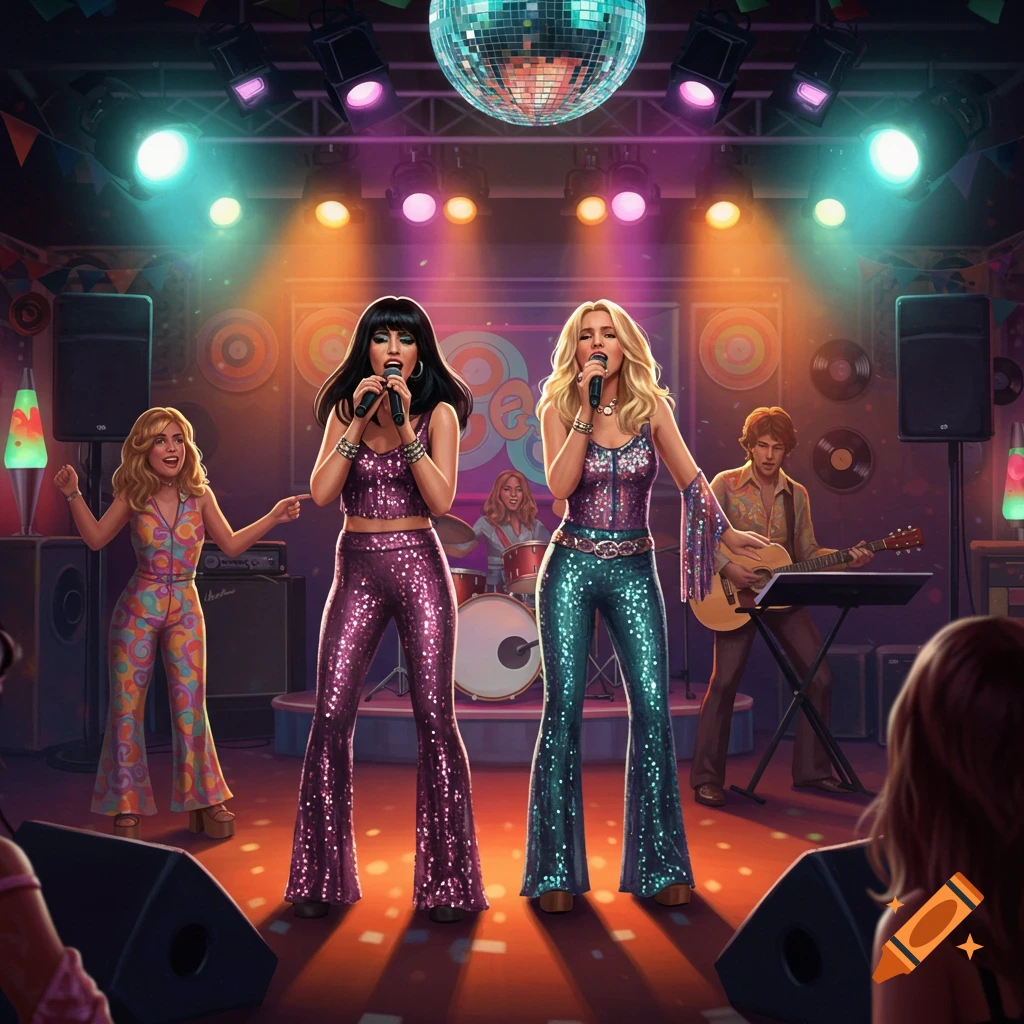 A colorful illustration of a 70s disco band performing on stage. Two female singers in sparkling outfits, a dancer, guitarist, and drummer are under spotlights and a disco ball.