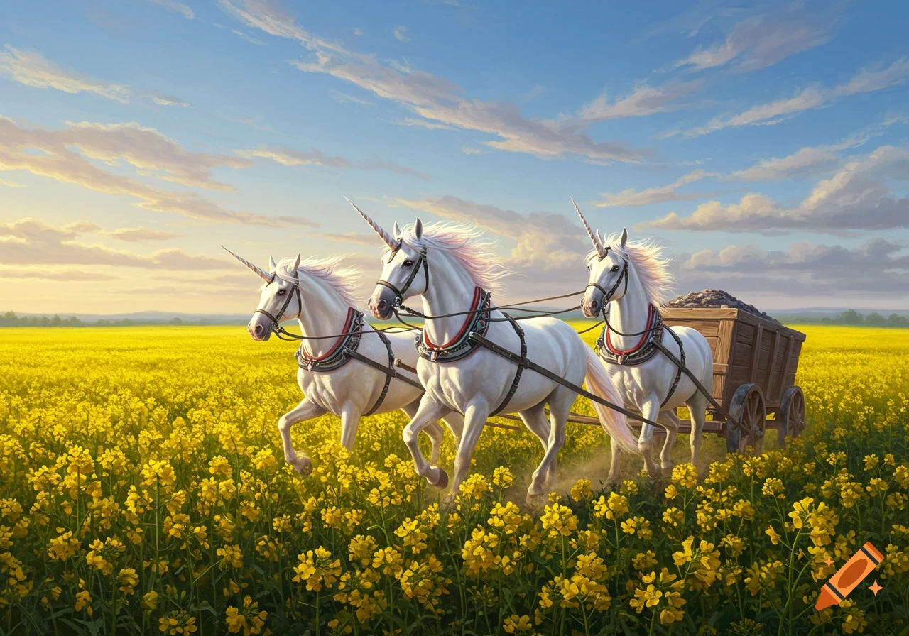 Three majestic white unicorns pull a wooden wagon through a vast field of bright yellow canola flowers under a sunny blue sky.