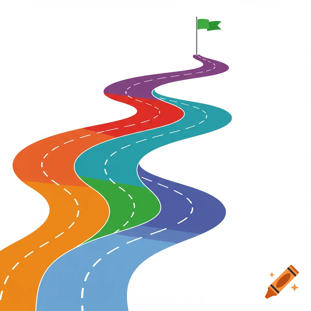 Flat-style digital illustration of a multi-colored winding road merging into a blue path leading to a green flag on a pole.