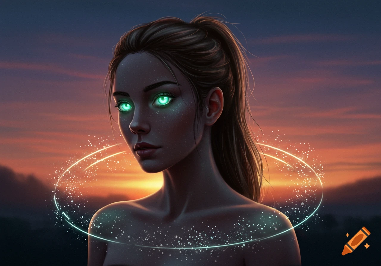 A close-up digital art portrait of a woman with dark hair in a ponytail and glowing green eyes, surrounded by shimmering light against a sunset background.