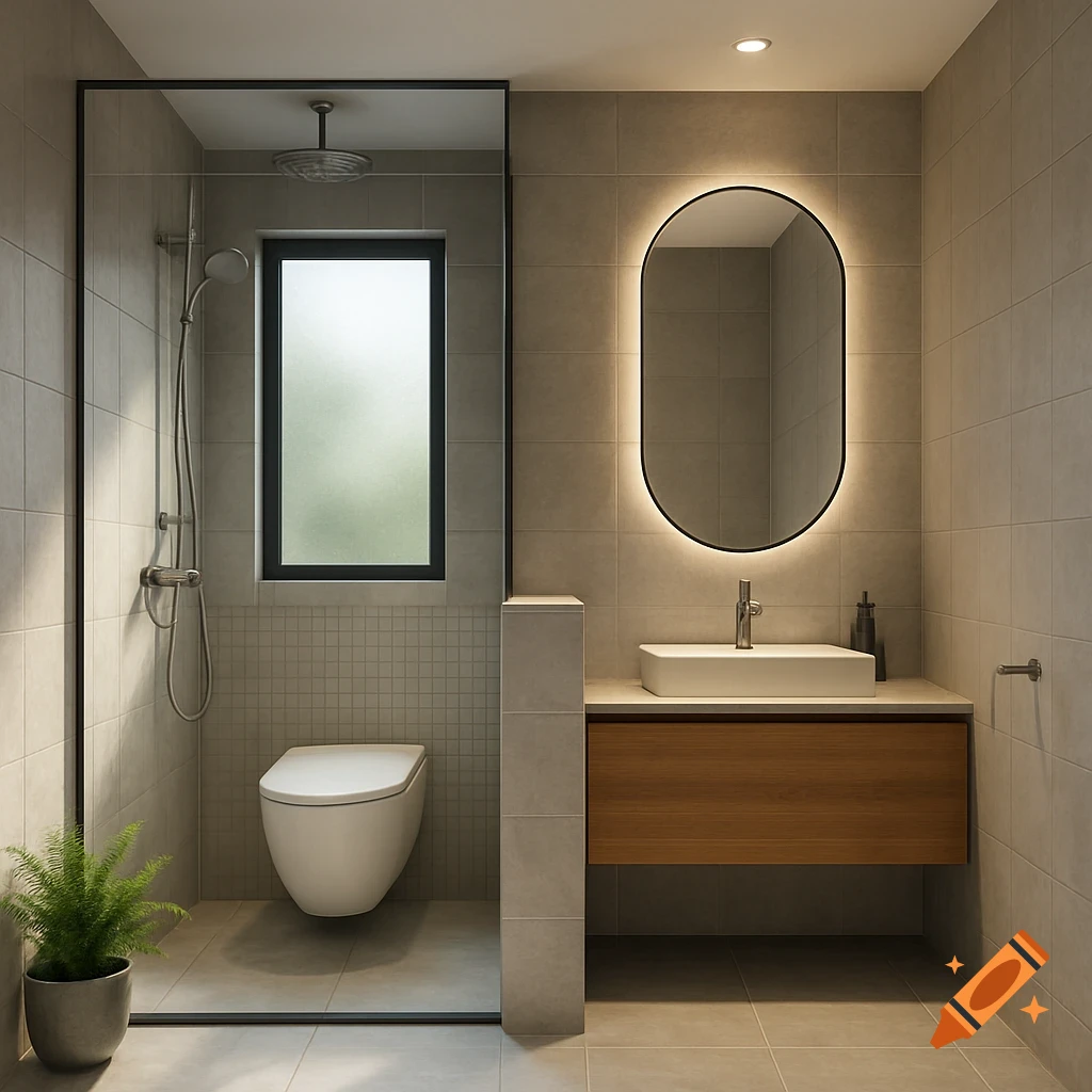 Modern, well-lit bathroom with a glass shower enclosure, a toilet, and a vanity with a backlit oval mirror.