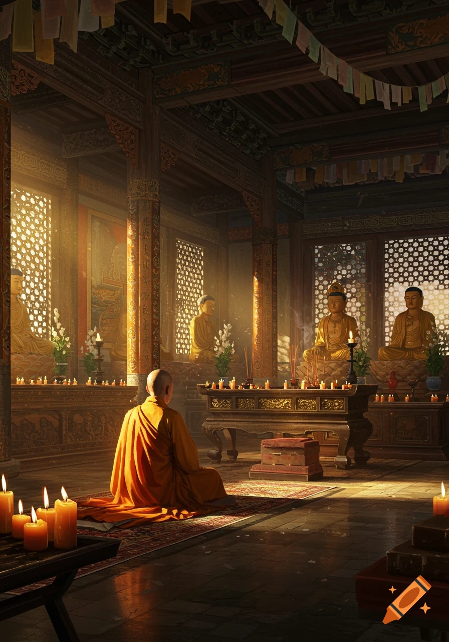 A bald monk in an orange robe sits meditating on a rug in a sunlit Chinese temple, facing multiple golden Buddha statues surrounded by candles and incense.