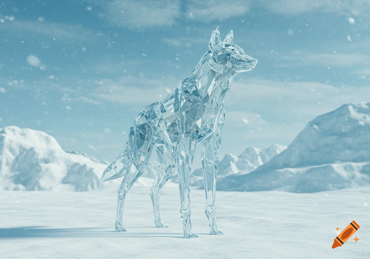 A photorealistic 3D render of a geometric, crystalline wolf standing in a snowy mountain landscape with falling snow.