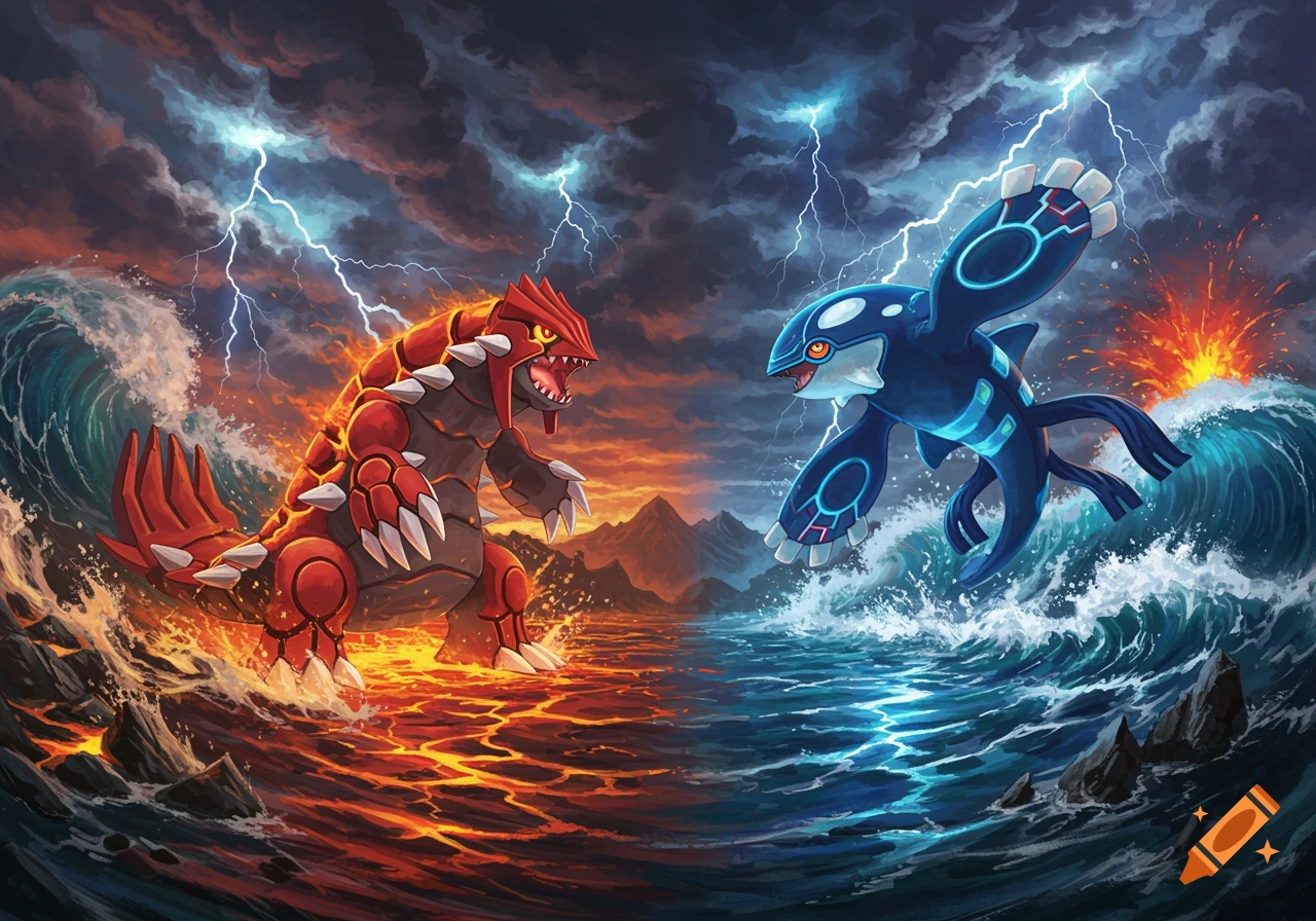 Groudon and Kyogre battling amidst lava, ocean waves, and lightning under a stormy sky in an epic illustration.