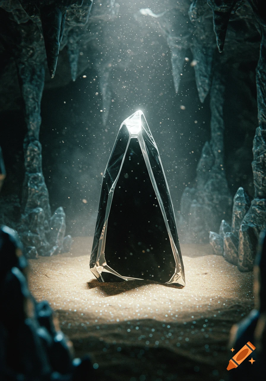 A dark, faceted stone with glowing silver edges stands upright on a sandy floor in a mysterious, dark cave, illuminated by a beam of light filtering through dust particles.