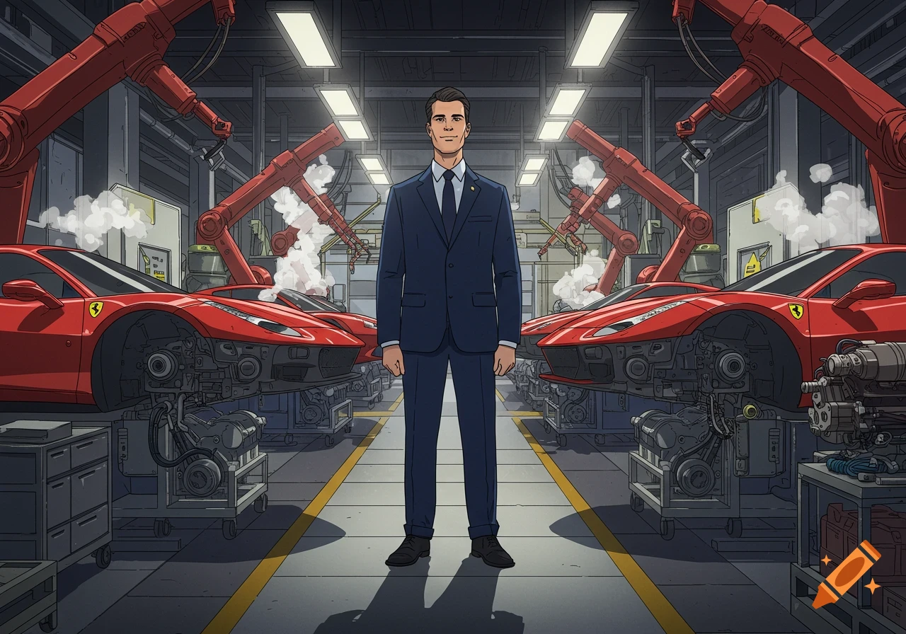 A cartoon man in a suit stands in a Ferrari manufacturing plant with red sports cars on assembly lines.