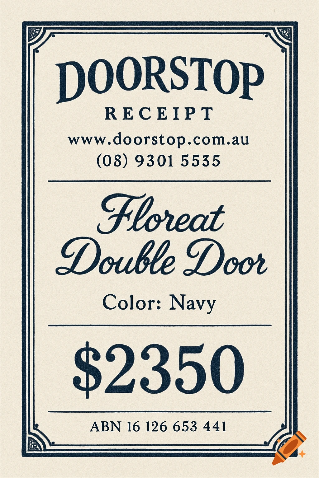 A vintage-style receipt for Floreat Double Door from Doorstop, showing price, website, and contact information.