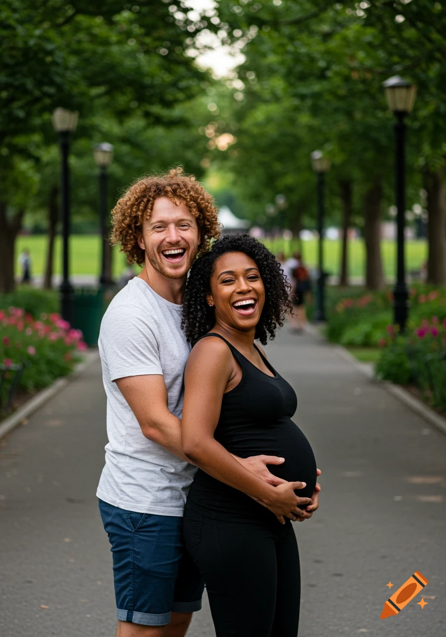 A joyous pregnant woman and her partner laughing and embracing in a park.