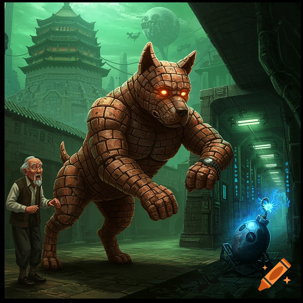 A large brick dog with glowing eyes confronts an old man and a sparking bomb in an alien cityscape with a pagoda.