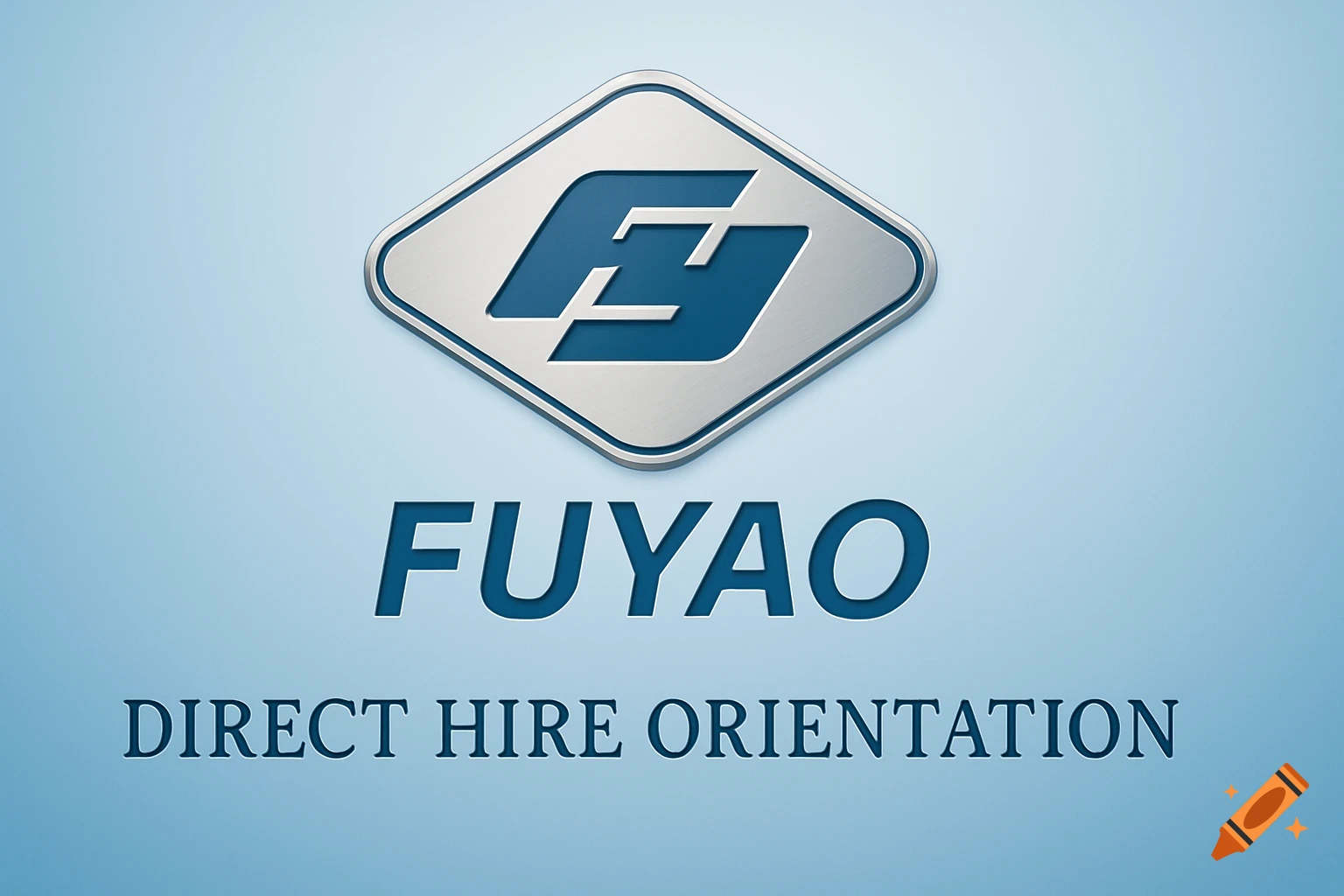 Fuyao logo with a silver diamond and blue symbol, and text 'FUYAO' and 'DIRECT HIRE ORIENTATION' on a light blue gradient background.