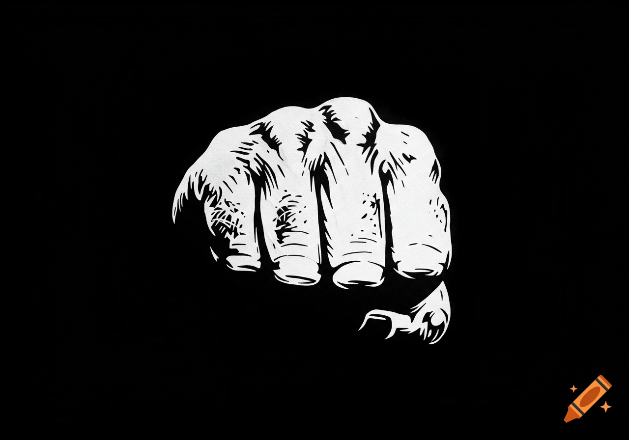 A white, high-contrast stylized clenched chimpanzee fist on a black background.