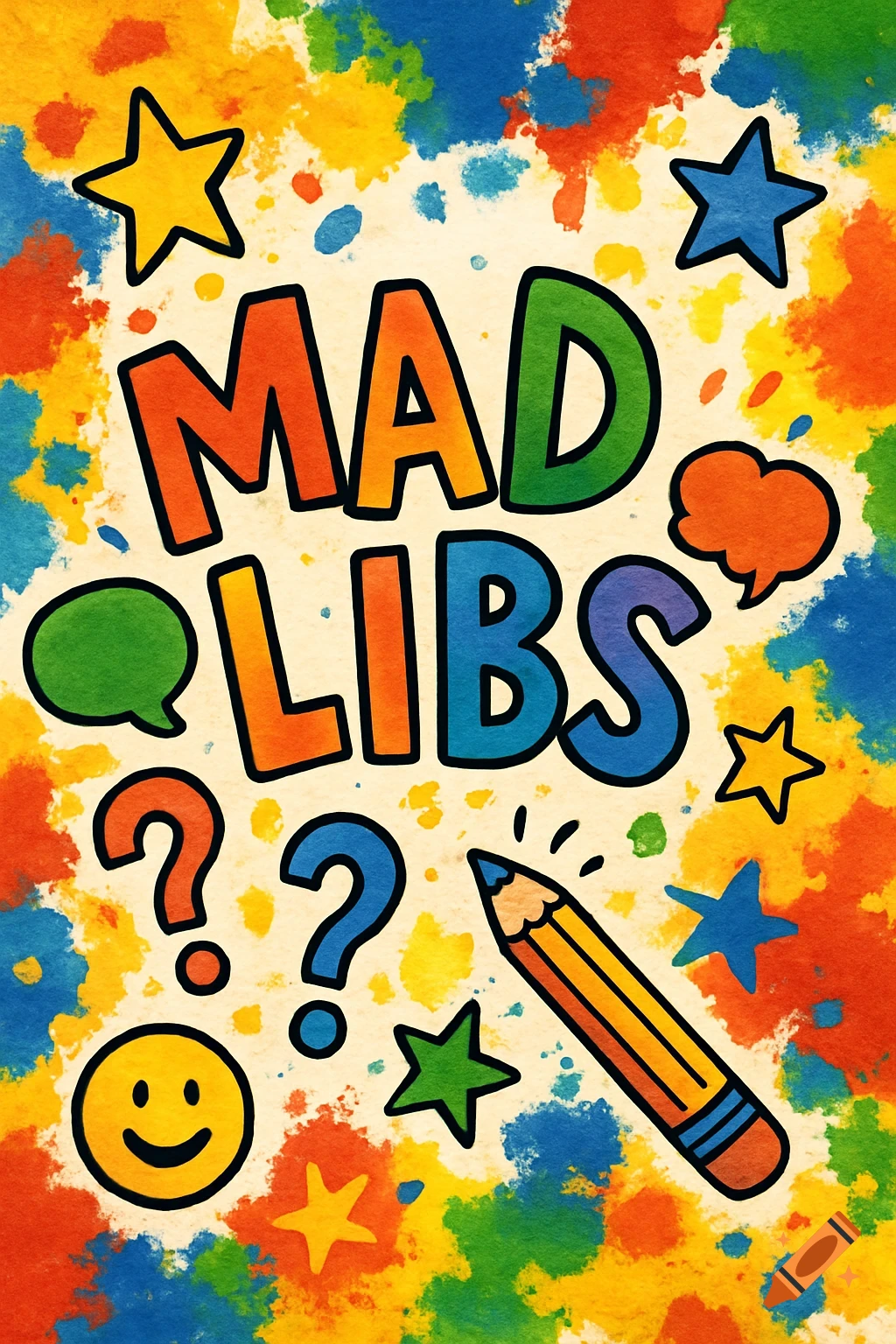 Colorful, abstract, watercolor-style background with "MAD LIBS" text, stars, question marks, a smiley face, and a pencil.