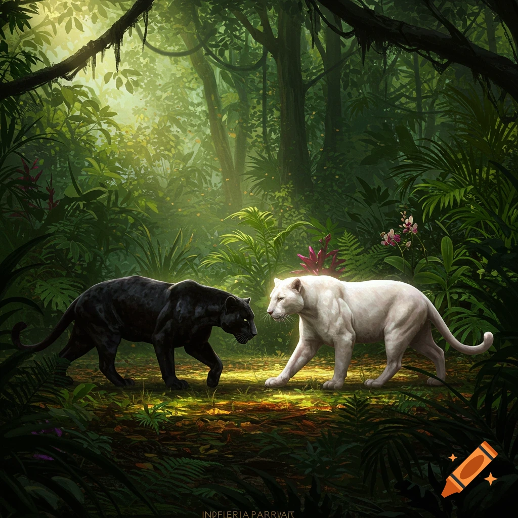 A black panther and a white panther face each other in a sunlit, lush jungle, rendered as a detailed digital painting.