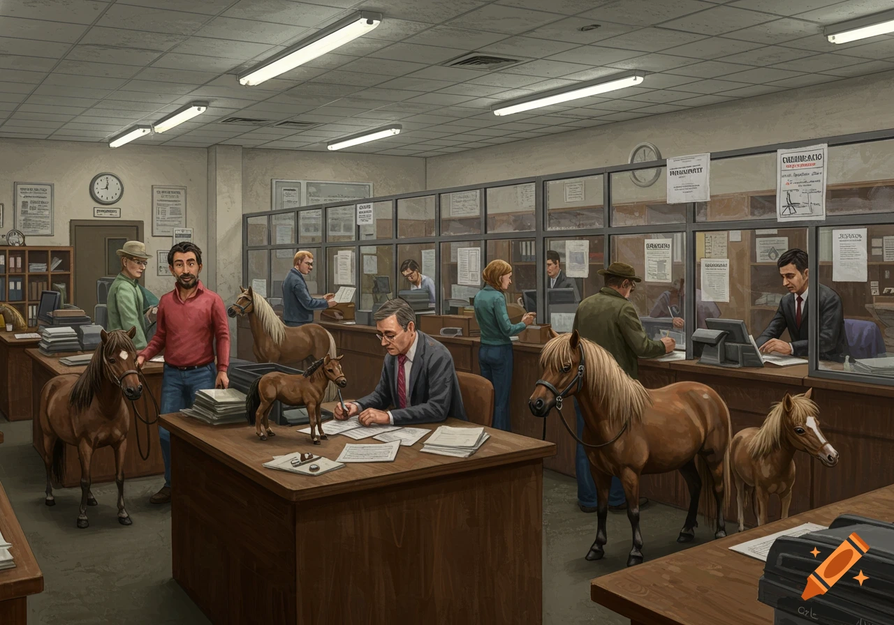 An office scene with people and miniature horses. Staff work at desks and behind glass partitions while horses stand on and near the desks.