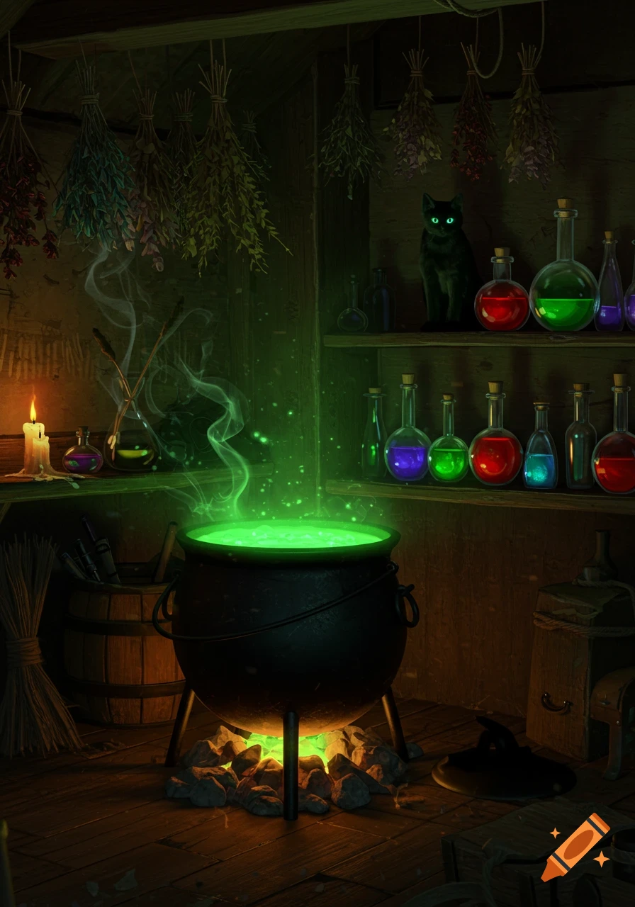 Dark interior of a witch's hut with a glowing green cauldron, dried herbs, potion bottles, and a black cat with glowing eyes.