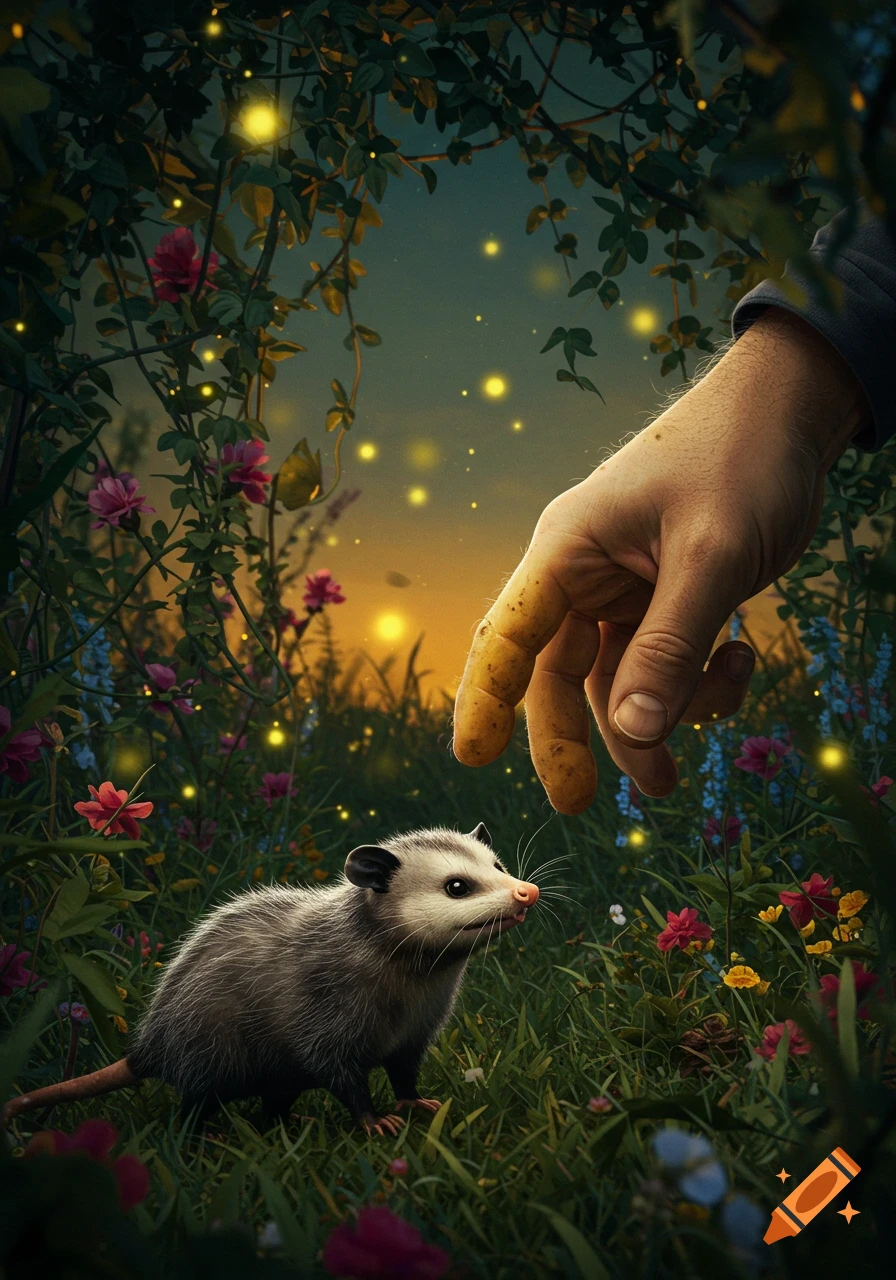A human hand with lumpy fingers reaches down towards a small possum in a vibrant forest illuminated by glowing fireflies.