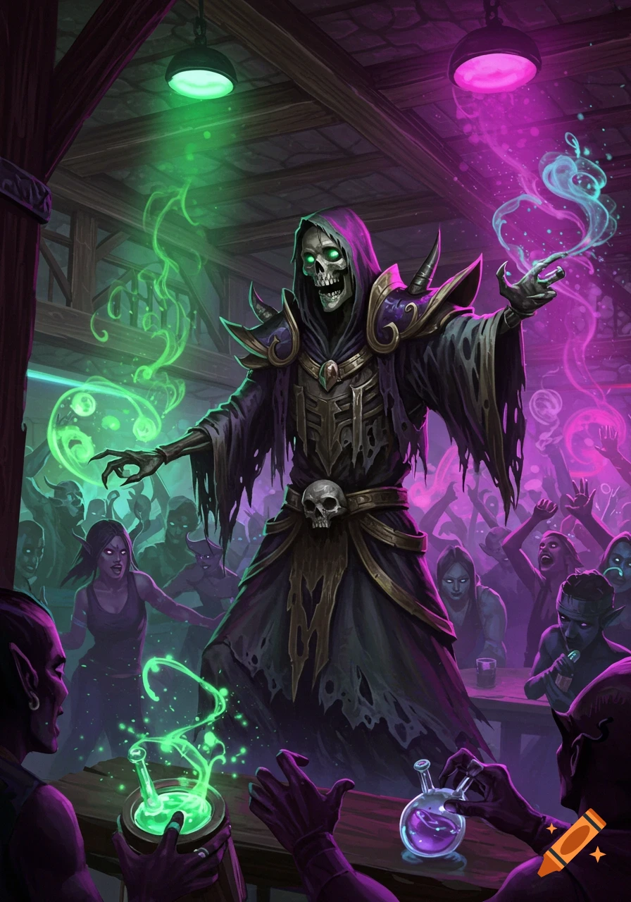 A skeletal lich in dark robes conjures green and purple magic in a vibrant tavern rave with glowing lights and dancing figures.