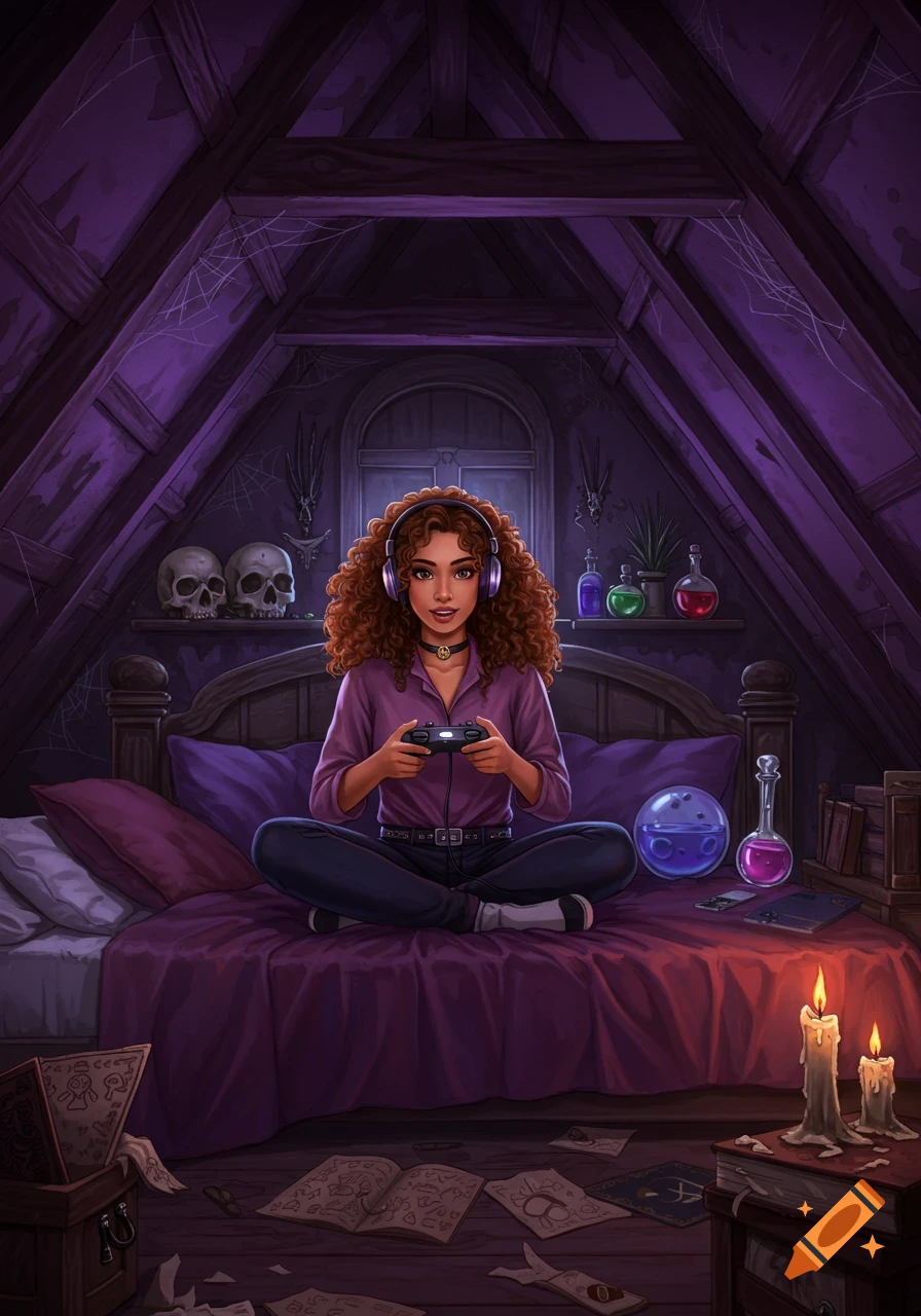 A curly-haired young woman with headphones sits cross-legged on a bed, playing video games with an Xbox controller in a dark, gothic attic room with purple lighting, skulls, and potion bottles.