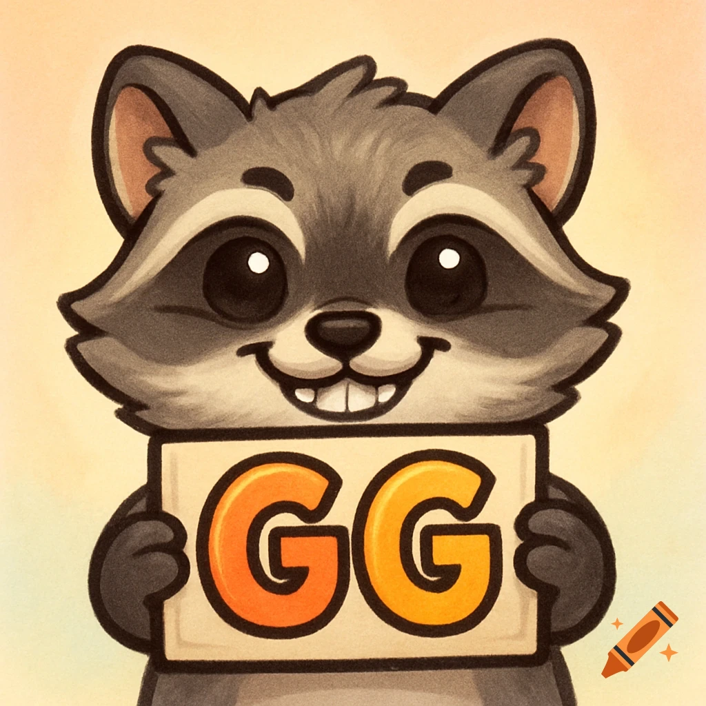 A cute cartoon raccoon holding a sign with the letters GG.