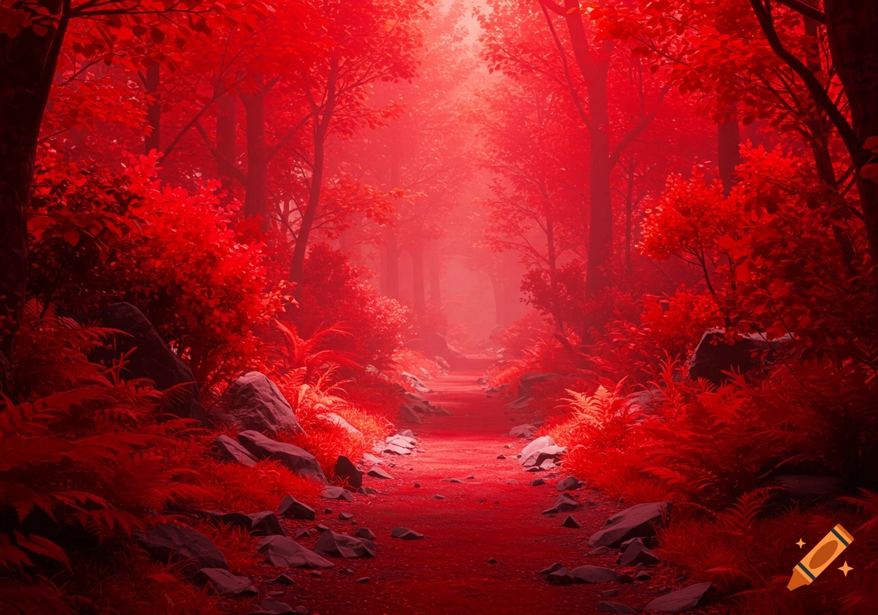 A path winds through a vibrant red forest, bathed in a soft light.