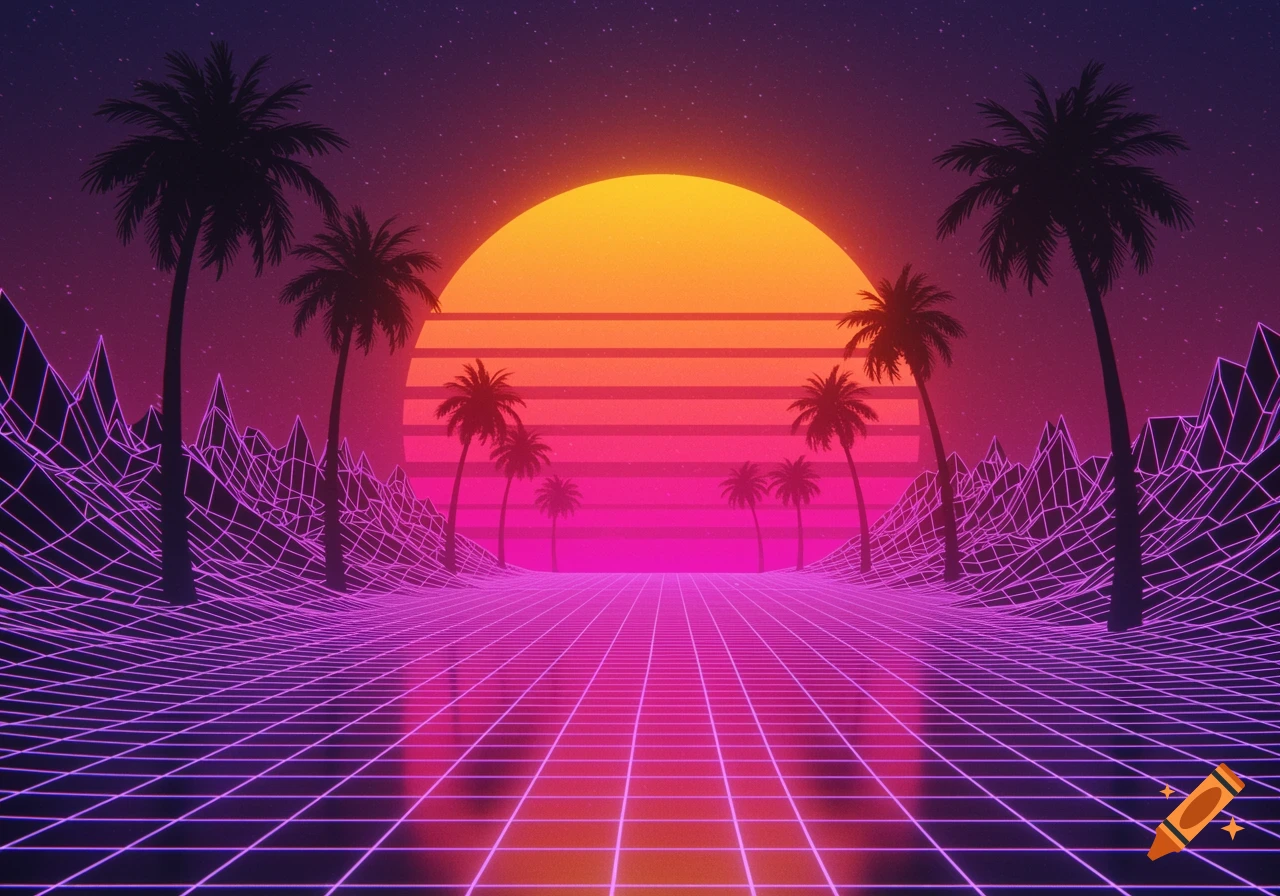 A retro 80s style landscape featuring a neon grid road, glowing palm trees, and a vibrant gradient sunset.