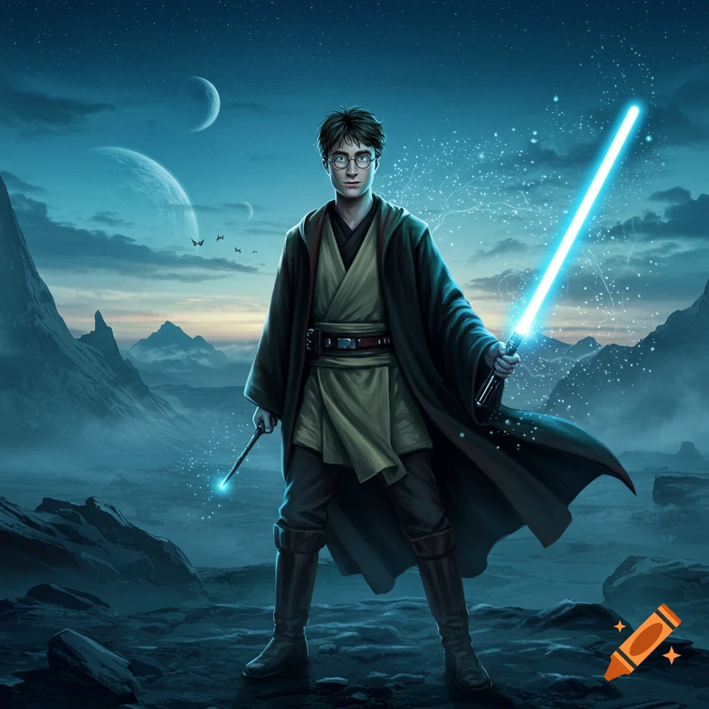 Harry Potter in Jedi robes, holding a glowing blue lightsaber and a wand, stands in an alien landscape under moons.