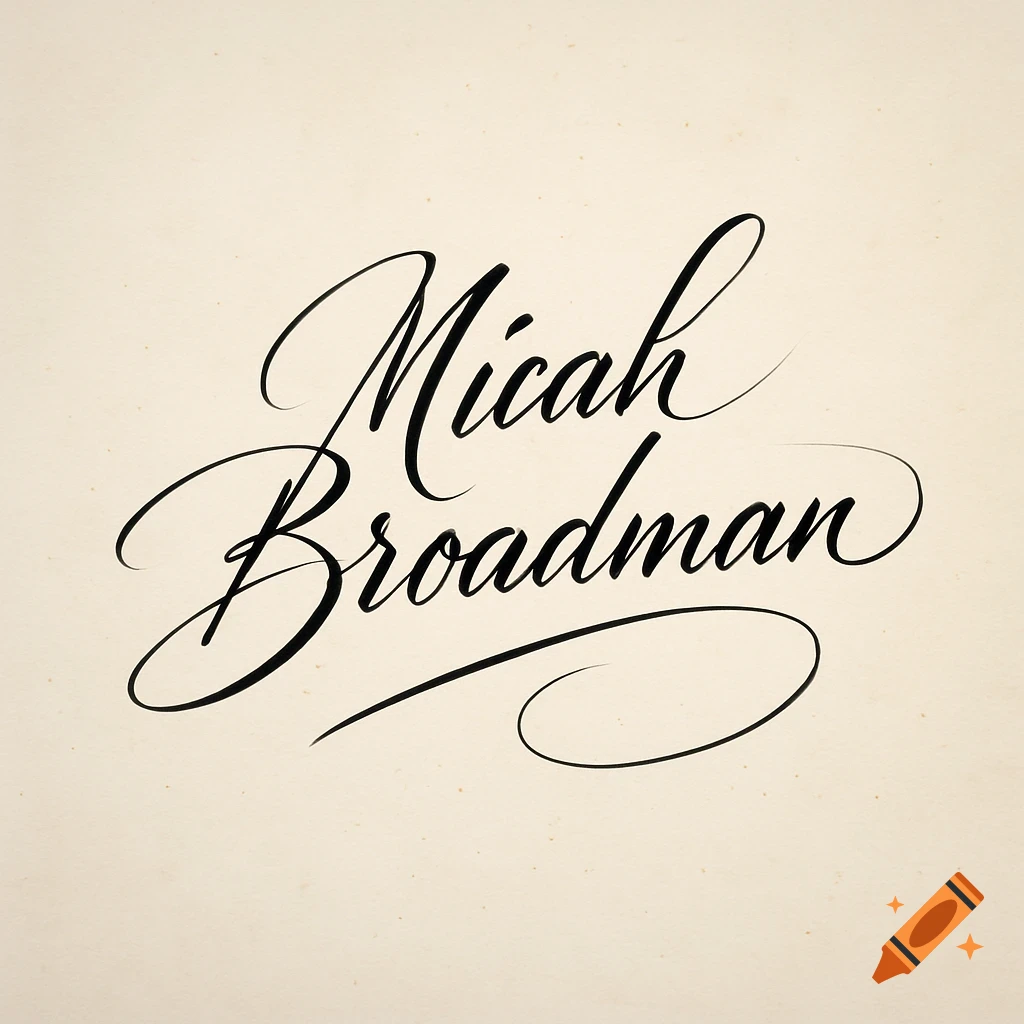 Elegant black script of the name Micah Broadman on a cream background.