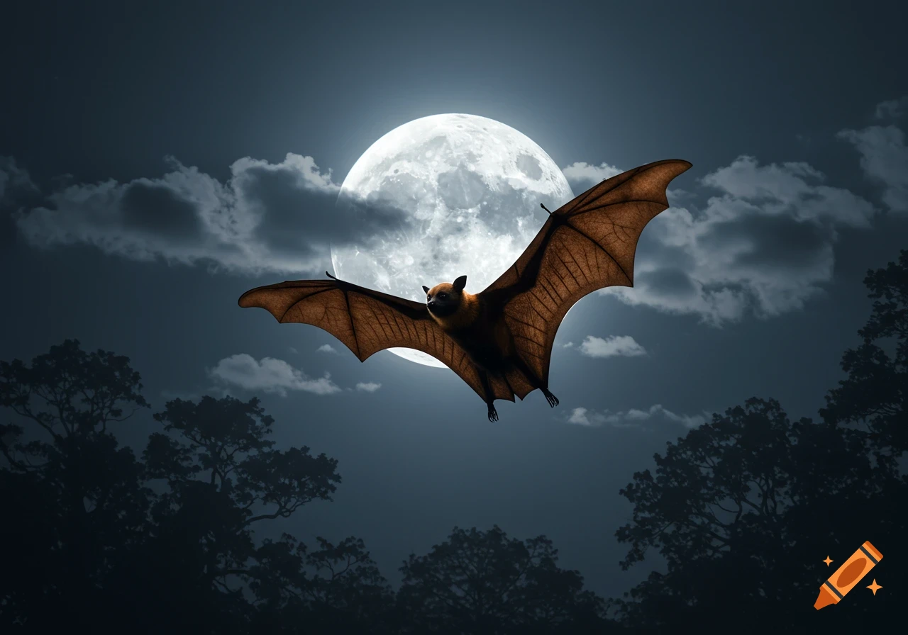 A large brown bat with wings spread flies directly in front of a bright full moon in a dark night sky with silhouetted trees below.